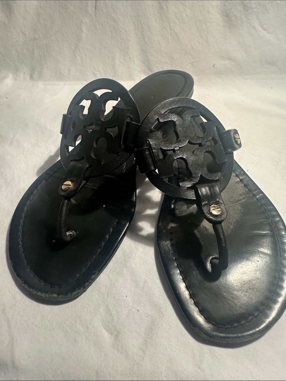 Tory Burch Miller Black Leather Thong Sandals with Logo Medallion - Women